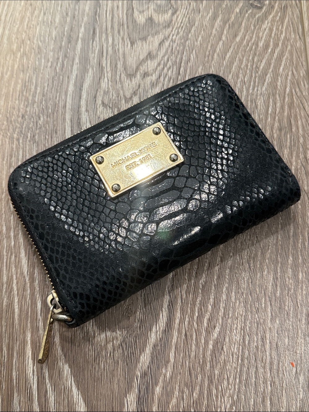Michael Kors Black Snakeskin-Embossed Zip Wallet with Gold Plaque